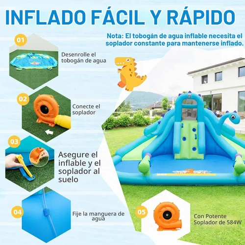 Vista 4 de BOUNTECH Parque inflable de tobogán acuático con dinosaurio, parque acuático de toboganes dobles con pared de escalada, castillo animoso