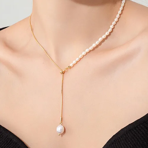 Vista 7 de Cowlyn Collar con colgante de perlas, cadena Lariat en forma de Y, oro de 14 quilates, colgante largo, joyería para mujeres y niñas, Metal