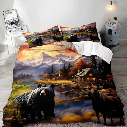 Vista 12 de LUVIVIHOME Juego de funda de edredón de 2 piezas, diseño de oso y alce, ciervo, ciervo, ropa de cama de cabaña, ropa de cama rústica de granja