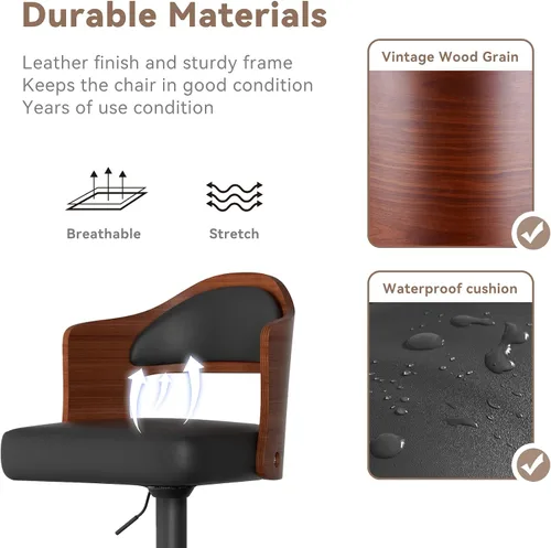 Vista 4 de Juego de 2 taburetes de bar giratorios, taburetes de bar de madera tapizados en cuero PU con respaldo y reposapiés, asiento de altura ajustable