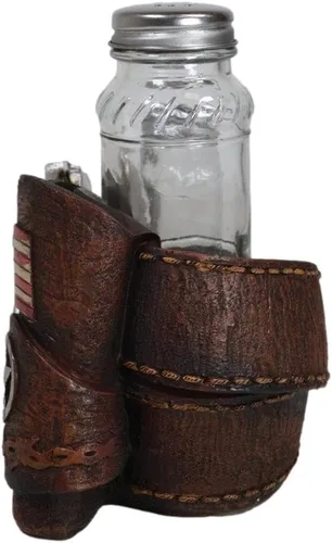 Vista 2 de Ebros Gift Rústico vaquero occidental revólver pistola pistola de cuero sintético con estrella y bandera sal y pimienta juego de agitadores