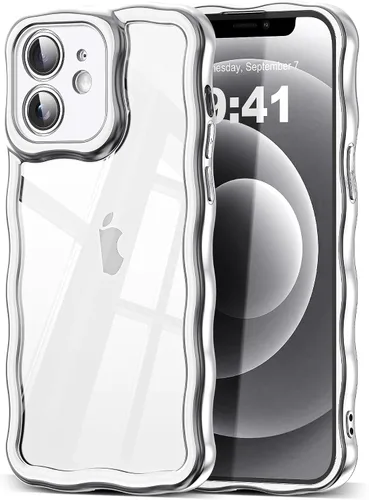 Vista 119 de SKYLMW Funda compatible con iPhone 12 Pro, diseño de ondas rizadas kawaii, borde chapado de lujo, elegante parte trasera transparente brillante, TPU
