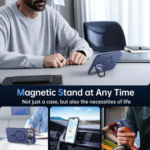 Vista 5 de Funda magnética para iPhone 14 Pro con soporte para cámara [protector de lente de cámara 9H integrado] [compatible con Magsafe] a prueba de golpes