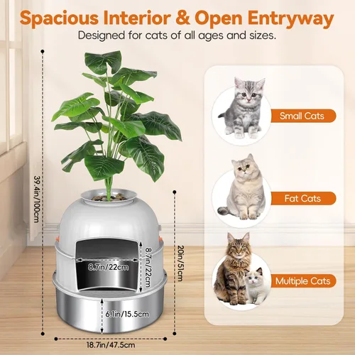 Vista 2 de Caja de arena oculta para gatos con planta artificial, muebles de acero inoxidable, maceta redonda decorativa incluye cuchara, guijarros, filtro