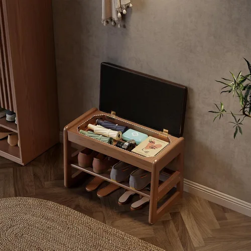 Vista 2 de AQIMUELE Banco pequeño para zapatos, banco de zapatos de 2 niveles con almacenamiento con tapa abatible, zapatero de madera para entrada, pasillo