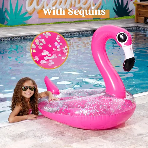 Vista 4 de JOYIN Flotadores inflables de flamenco para piscina, tubo de natación con purpurina para adultos y niños, divertida balsa flotante para playa, lago