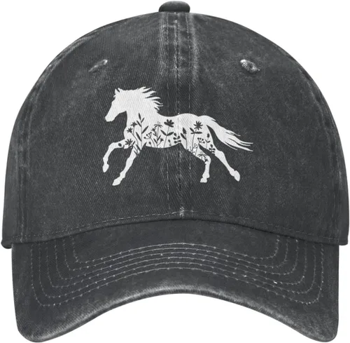 Vista 2 de Gorra de béisbol vintage con diseño floral y de caballo ajustable para mamá y papá Negro
