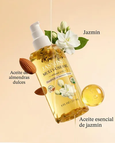 Vista 2 de Aceite corporal multiusos de jazmín orgánico para piel, cara, cabello y uñas, con pétalos seleccionados a mano, aceite esencial de jazmín y vitamina