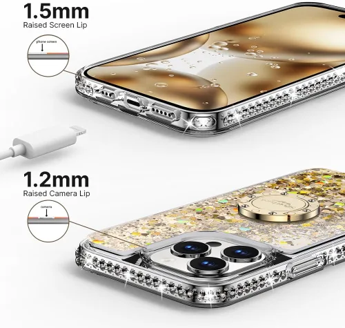 Vista 3 de Silverback - Funda para iPhone 13 Pro con soporte de anillo, color dorado transparente Moving Liquid Holographic Sparkle Glitter, Kickstand, Bling