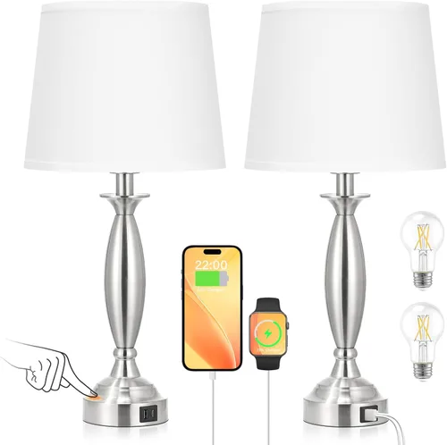Vista 12 de Juego de 2 lámparas grises para dormitorio, lámpara de noche con control táctil con USB C+A, lámparas de mesita de noche regulables de 3 vías