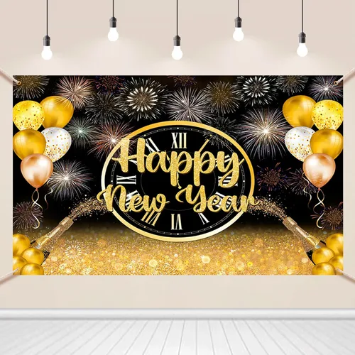 Vista 9 de AIBIIN Telón de fondo de 7 x 5 pies con texto en inglés «Happy New Year» 2026, noche de la ciudad, víspera de Año Nuevo, grandiosos fuegos Fuegos