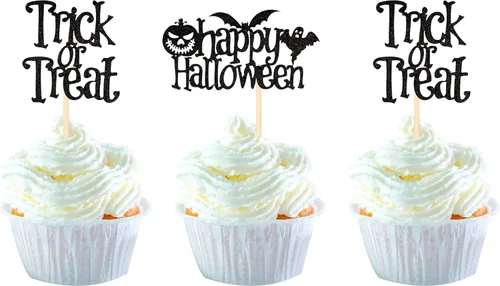 Vista 12 de Paquete de 24 adornos para cupcakes de Halloween con purpurina rosa, fantasma, pequeño abucheo, murciélago, bruja, gato, calabaza, magdalena