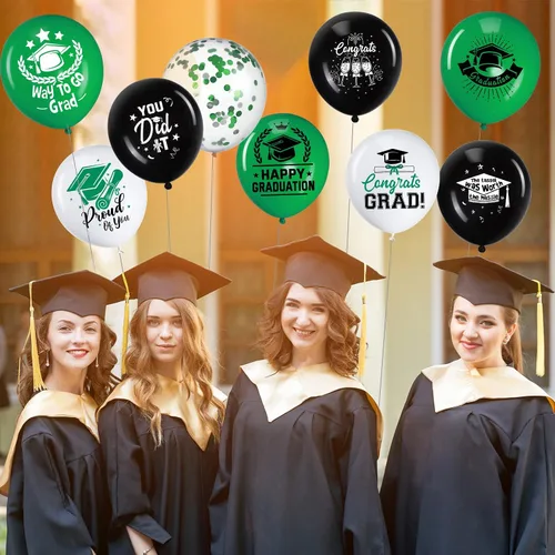Vista 5 de Honoson 72 globos de fiesta de graduación, color verde y negro, decoración de graduación de 2026, globos de látex de felicitaciones, suministros
