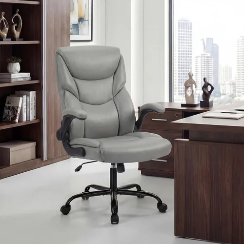 Vista 8 de OLIXIS Silla de escritorio de cuero PU, silla de oficina ergonómica, reposabrazos abatibles Negro