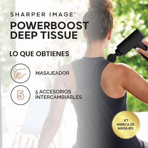 Vista 2 de Sharper Image Powerboost - Pistola de masaje de percusión de tejido profundo [versión 2026] - Masajeador de mano 6 velocidades 5 accesorios