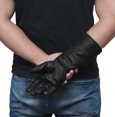 Vista 3 de URBAN BUCK Guante de disfraz de cuero de oveja real, guantelete de cielo, ajuste regular, puño largo para hombre, sin forro, guantes de cosplay