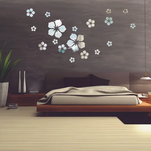 Vista 3 de Adhesivo acrílico 3D para pared, diseño de flores plateadas, decoración de pared, calcomanías adhesivas removibles, arte floral, decoración de pared
