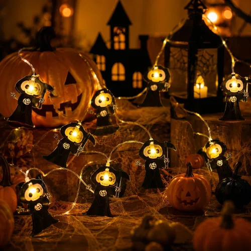 Vista 12 de Guirnalda de luces de Halloween de 10 pies, 20 luces LED, funciona con pilas, para decoración de fiesta de Halloween