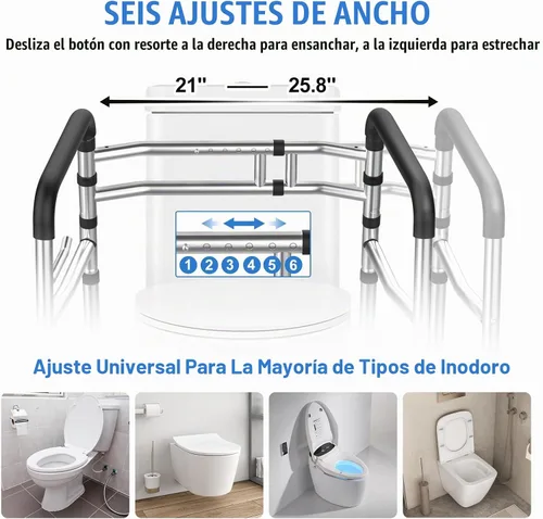Vista 3 de Rieles de seguridad para inodoro, marco de inodoro ajustable de acero inoxidable con asas suaves y soporte para pañuelos, marco de seguridad
