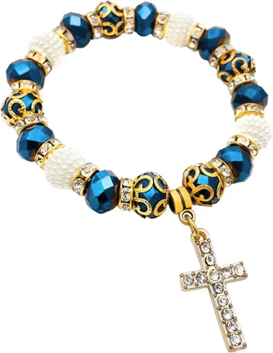Vista 2 de Pulsera elástica ajustable con cuentas de cristal azul profundo y cruz cristalizada católica
