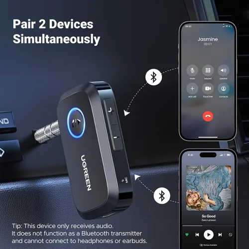 Vista 5 de UGREEN Adaptador Bluetooth 5.4 para automóvil, llamadas manos libres y cancelación de ruido, adaptador AUX a Bluetooth para automóvil, receptor