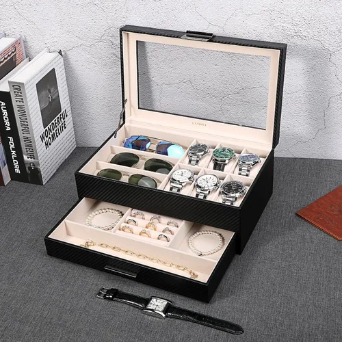 Vista 6 de LANDICI Caja de reloj para hombres y mujeres, 2 capas de piel sintética, organizador de relojes, caja de almacenamiento grande, organizador