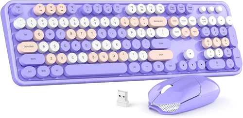 Vista 10 de MOWUX Combo de teclado y mouse inalámbricos, máquina de escribir de tamaño completo, teclado de computadora redondo retro, lindo mouse óptico, 2.4G