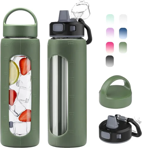 Vista 26 de Kodrine - Botella de agua de vidrio de 20 onzas con popote y 2 tapas para fácil transporte, con asa, funda de silicona y marcador de tiempo, botella