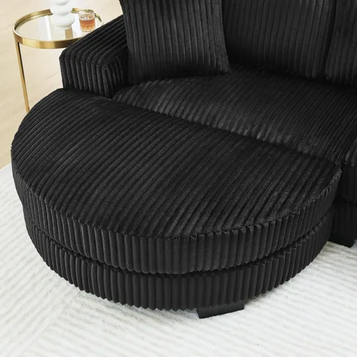 Vista 6 de Sofá cama modular en forma de L con almohadas, sofá modular convertible de pana con reposapiés curvado móvil, color negro