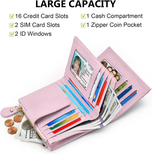 Vista 2 de oscaurt Cartera pequeña para mujer, con bloqueo RFID, plegable, compacta, para tarjetas de crédito, carteras de cuero para mujeres con bolsillo