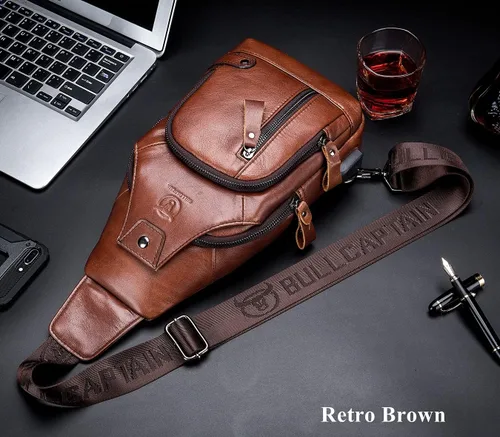 Vista 2 de BULLCAPTAIN Bolso bandolera para hombre con puerto de carga USB, de piel auténtica, para el pecho, mochila de viaje y senderismo