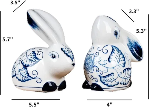 Vista 6 de Estatua de conejo de cerámica de Pascua, estatua de conejo, esculturas de animales azules y blancos, decoración del hogar, adornos chinos