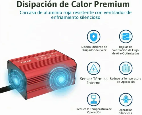Vista 6 de Inversor de corriente de coche rojo de 150W, convertidor de 12V DC a 110V AC, adaptador de enchufe de vehículo con cargador de coche USB dual