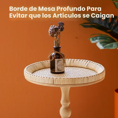 Vista 6 de Mesa auxiliar redonda de ratán pequeña para espacios pequeños, mesa auxiliar circular bohemia con patas de madera maciza para sala de estar, mesa