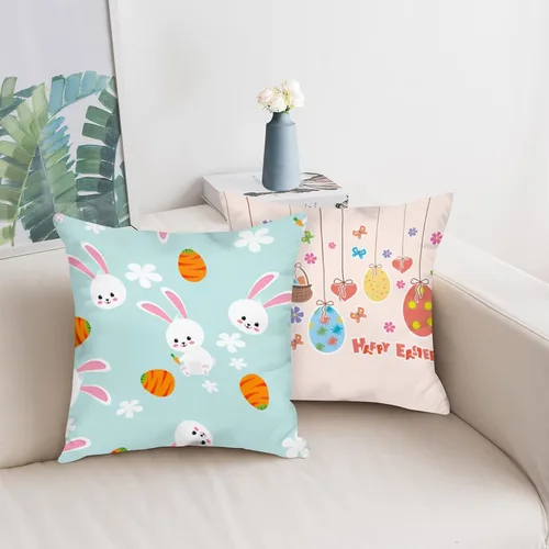 Vista 4 de Jbralid Juego de 4 fundas de almohada de Pascua con dibujos animados, huevos de conejo de Pascua, fundas decorativas de algodón para sala de estar