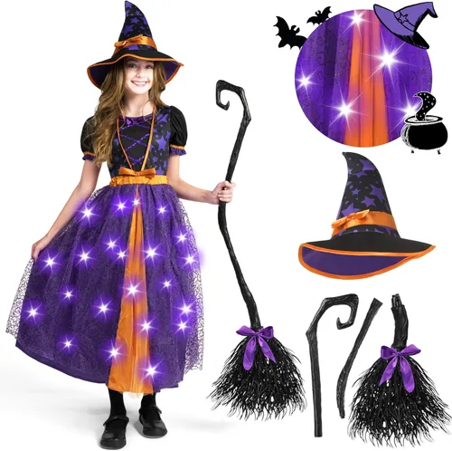 Vista 7 de Spooktacular Creations Disfraz de bruja iluminado para niñas pequeñas, disfraz de bruja de cuento de hadas para niños, fiestas de disfraces