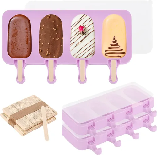 Vista 9 de Juego de 3 moldes de paletas de color violeta Samll con tapas y 100 palitos de madera para paletas de madera, 4 cavidades de silicona para hacer