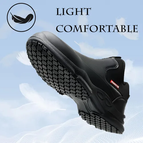 Vista 4 de PJZHJ Zapatos de trabajo antideslizantes resistentes al agua y al aceite, zapatos de servicio de alimentos, cómodos zapatos de chef sin cordones