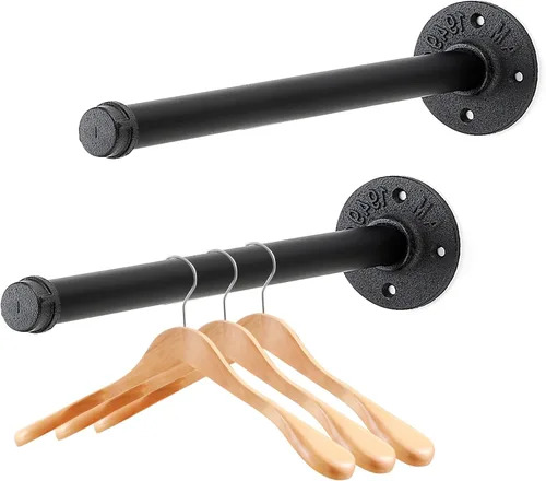 Vista 10 de Perchero flotante de tubo industrial negro de 6 pulgadas montado en la pared, estante de ropa resistente para colgar, barra de colgar multiuso