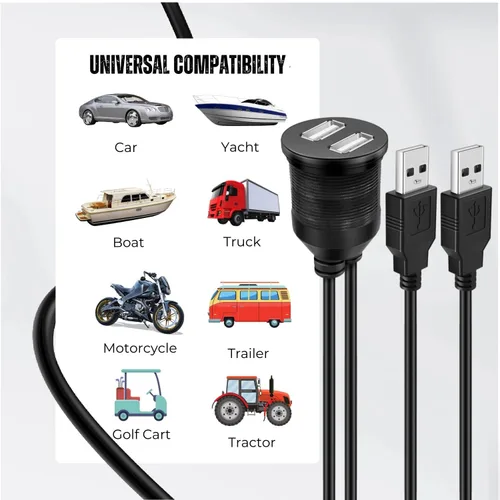 Vista 2 de TNP - Cable de montaje empotrado USB – Panel de salpicadero de 2 puertos, enchufe USB doble, conector de enchufe USB, cable de extensión impermeable