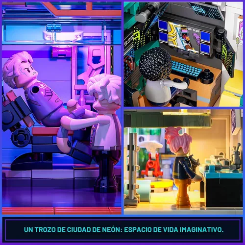 Vista 4 de FUNWHOLE Cyberpunk Mansion Lighting - Juego de ladrillos de construcción – 2524 piezas de edificios modulares de ciudad futura idea de exhibición