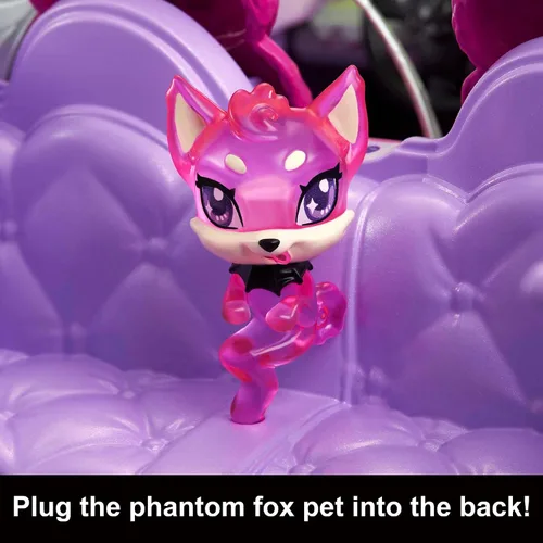 Vista 4 de Coche de juguete Monster High, vehículo Ghoul con accesorios para mascotas y enfriadores, convertible púrpura con detalles de telaraña