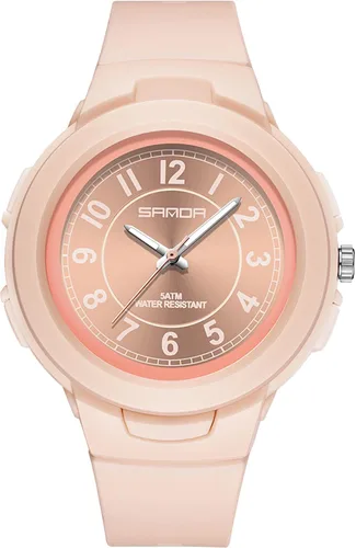 Vista 2 de findtime Reloj blanco para mujer, 5 ATM, resistente al agua, correa de silicona con números arábigos, analógico, de cuarzo, fácil de leer