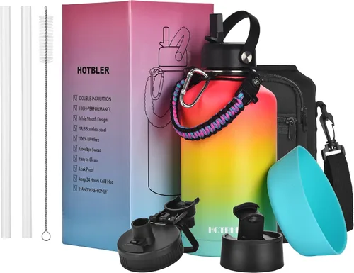 Vista 8 de Botella de agua aislada de 64 onzas con asa de paracaídas, bolsa de transporte y funda de silicona, jarra aislada de acero inoxidable de doble pared