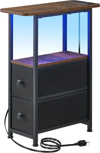 Vista 14 de DALEMHOME Mesa auxiliar estrecha con estación de carga, mesa auxiliar estrecha con cajón, mesita de noche pequeña con luz LED, mesita de noche Negro
