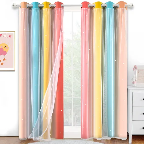Vista 9 de Cortinas Opacas con Corte de Estrella Arcoíris para Dormitorio de Niñas - Doble Capa con Ojales Superiores para Sala de Estar, 2 Paneles
