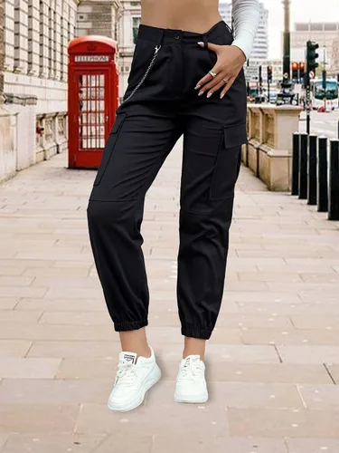 Vista 3 de ZAFUL Pantalones cargo para mujer, de cintura alta, pantalones deportivos para exteriores, pantalones casuales con cadena