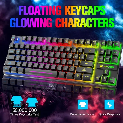 Vista 3 de Combo de teclado y mouse inalámbricos para juegos con retroiluminación LED arcoíris sin llave de 87 teclas, batería recargable de 3800 mAh, Negro