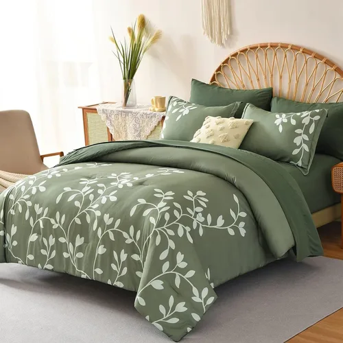 Vista 8 de Juego de edredón tamaño King, 7 piezas con estampado botánico floral blanco en negro, juego de edredón con sábanas, juego de ropa de cama