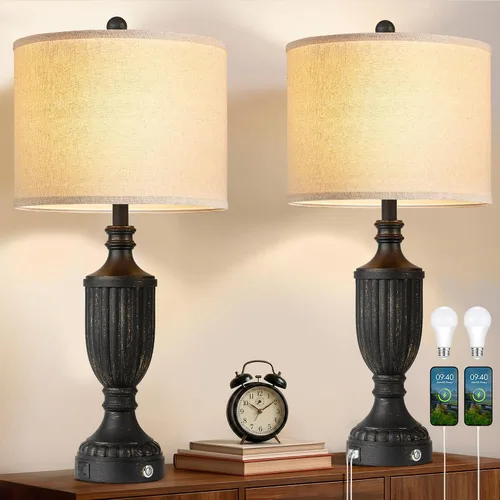 Vista 9 de Juego de 2 lámparas de mesa de granja para dormitorio, lámpara de noche de 27.5 pulgadas con puertos USB, lámpara de mesa de noche regulable